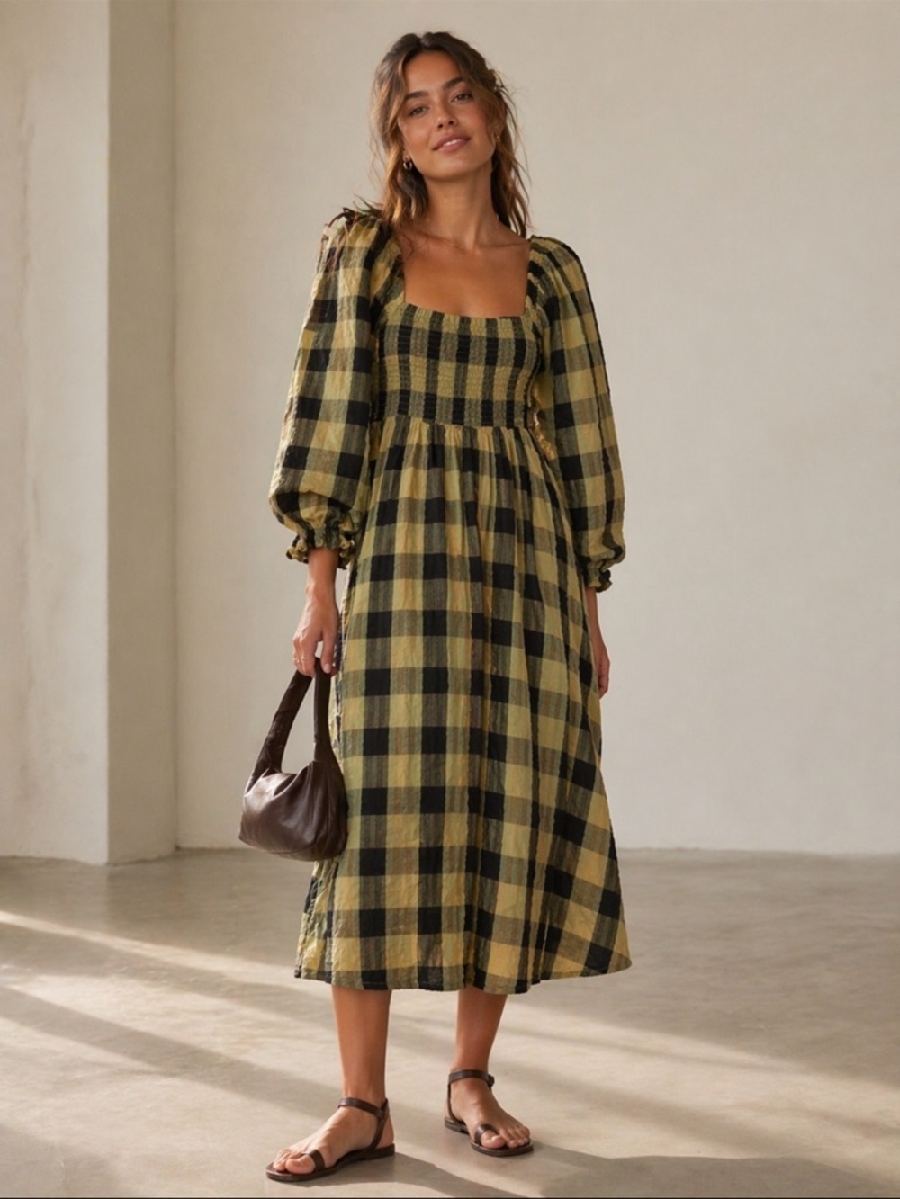 ASOS Mustard and Black Plaid Square-Neck Midi Dress